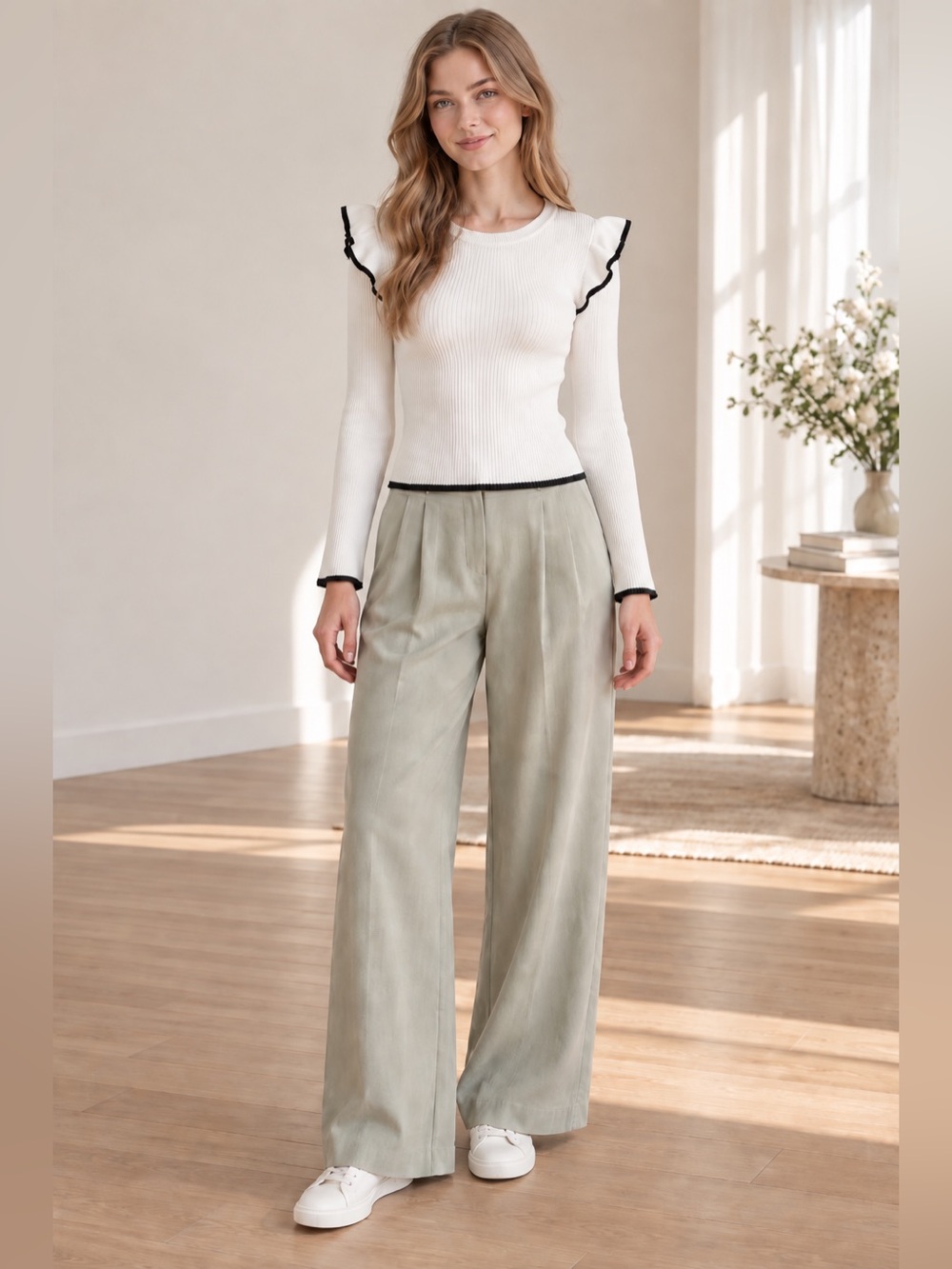 White Ruffle Trim Ribbed Top